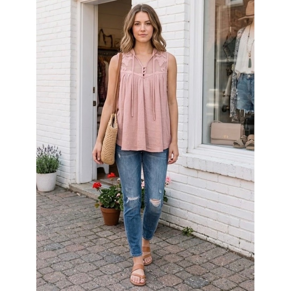 Free People Dusty Rose Embroidered Mesh Yoke Sleeveless Tie Neck Blouse Small